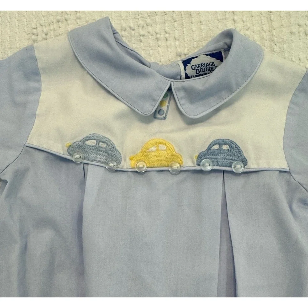Carriage Boutiques Romper Bubble Light Blue White Collar Embroidered Cars 3 Mos